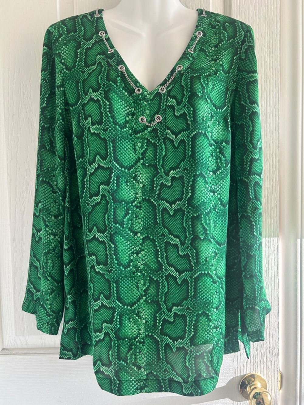 Michael Kors Green Snake-Print V-Neck Tunic with Grommet Detail